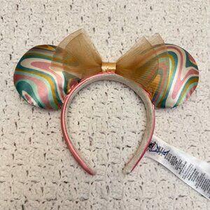 Disney Parks Minnie Mouse Swirl Ears Headband Pink Gold Green Mesh Bow